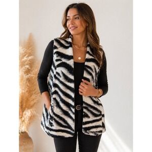 Chico's Zebra Print Wool Blend Vest Open Front Sleeveless Jacket Size 1